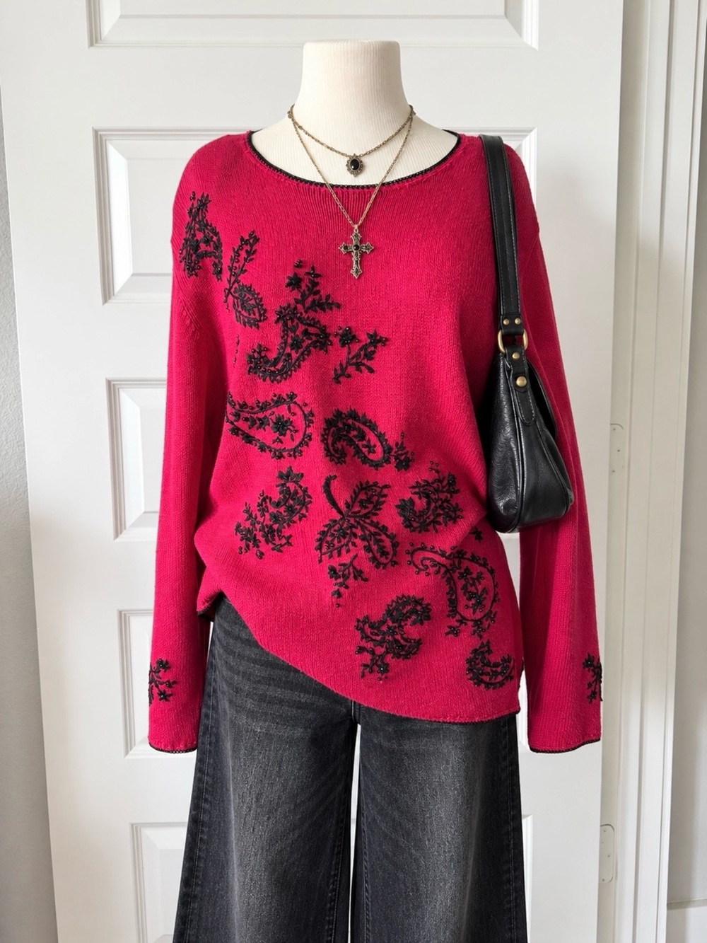 Worthington Red & Black Cotton/Ramie Blend Embroidered Dar Romantic Sweater